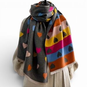 Colorful Heart Pattern Scarf With Fringe NWT
